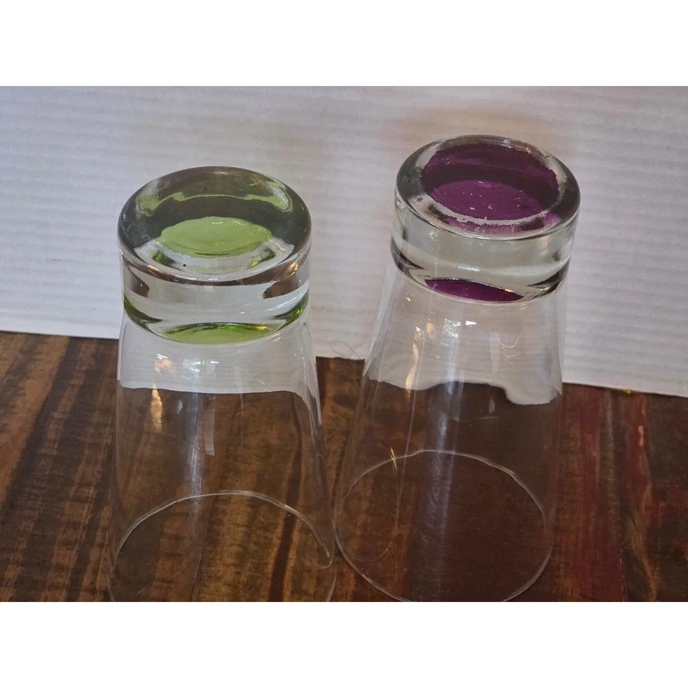 Set of 2 Highball‎ Glasses Heavy Sham Color Bottom Green Purple Tapered Tumblers